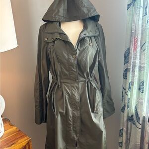 Cole Haan Dark Green Hooded Trench Rain Coat